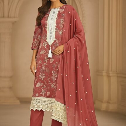 Elegant Embroidered Cotton Suit Set with Dupatta – Maroon