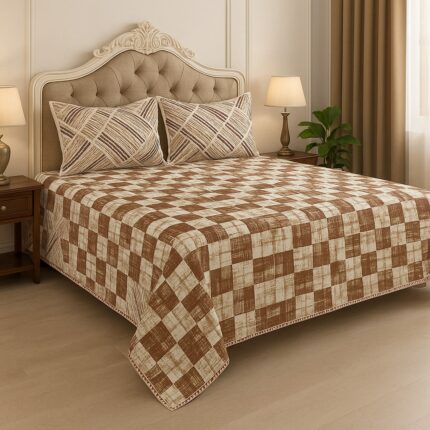 Premium Cotton Bedsheet Set with Pillow Covers – Brown Check Design