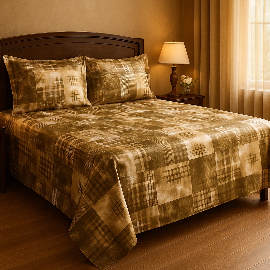 WhatsApp Image 2026-04-10 at 11.26.20 AM (1) Stylish Cotton Bedsheet Set with Pillow Covers – Modern Check Pattern (Brown) - Image 1