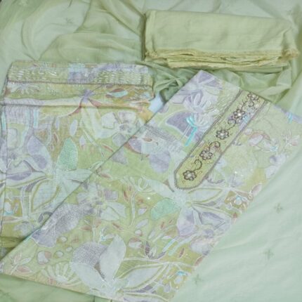 Premium Pastel Green Unstitched Cotton Suit with Floral Print & Matching Dupatta