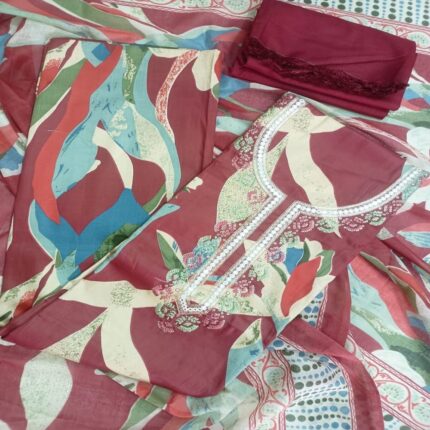 Elegant Maroon Floral Print Cotton Unstitched Suit Set with Sequin Work