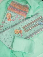 Elegant Mint Green Cotton Unstitched Suit Set with Intricate Embroidery - Image 2