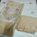 Exquisite Yellow-Beige Cotton Silk Unstitched Suit with Heavy Embroidered Neckline