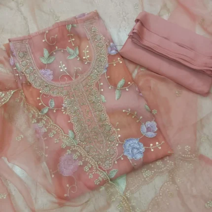 Peach Organza Party Wear Unstitched Suit