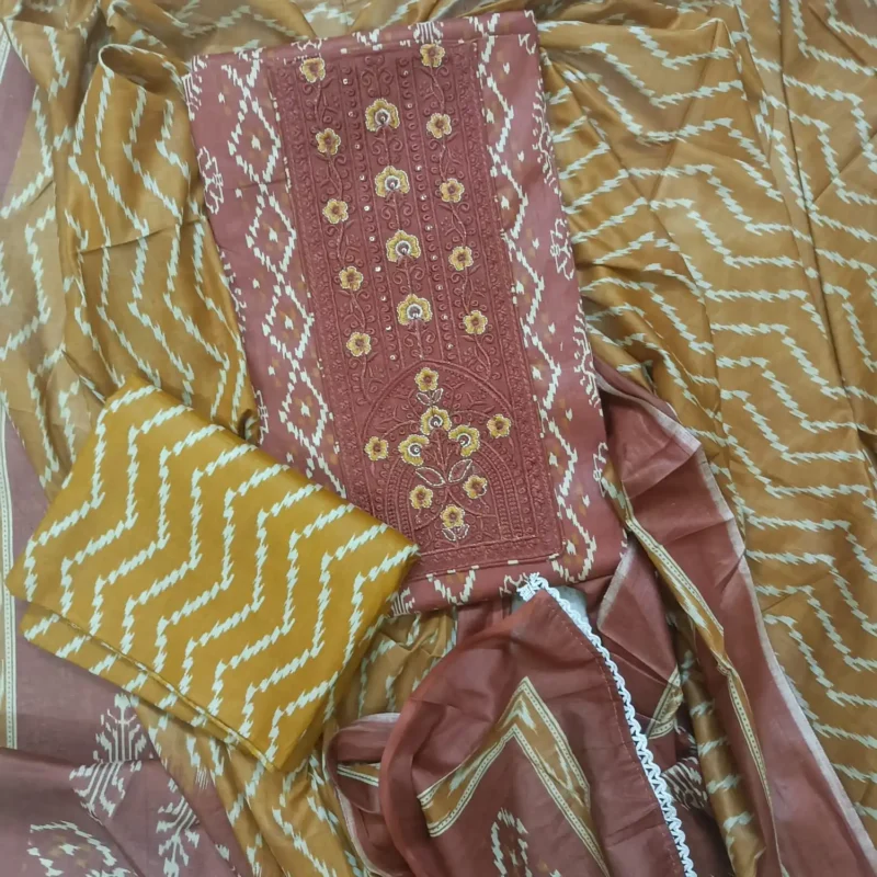 Mustard & Maroon cotton unstitched suit set