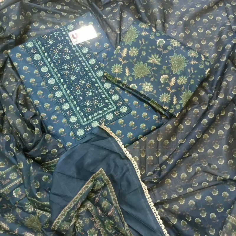 Dark Blue & Green Floral Harmony unstitched suit