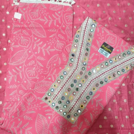 Pink cotton unstitched suit with matching printed bottom and dupatta