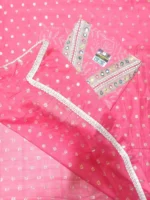 Pink cotton unstitched suit set featuring printed dupatta and mirror work neck design