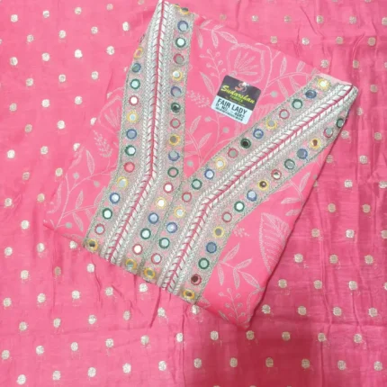 Pink cotton unstitched suit set with multicolor mirror work embroidered neckline
