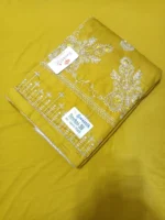 Mustard yellow cotton unstitched suit set with front embroidery and embroidered dupatta