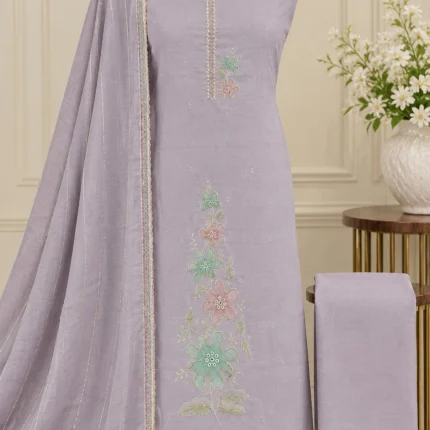 Lavender Floral Embroidered Unstitched Cotton Suit Set