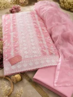 Premium Pink Floral Embroidered Ladies Unstitched Dress Material Set