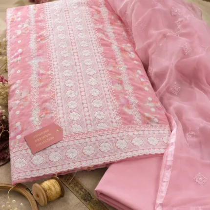 Premium Pink Floral Embroidered Ladies Unstitched Dress Material Set