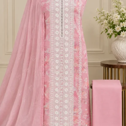 Blush Pink Embroidered Floral Unstitched Suit with Matching Dupatta