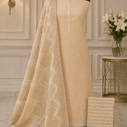 Peach Cotton Chikankari Style Unstitched Suit with Printed Chiffon Dupatta