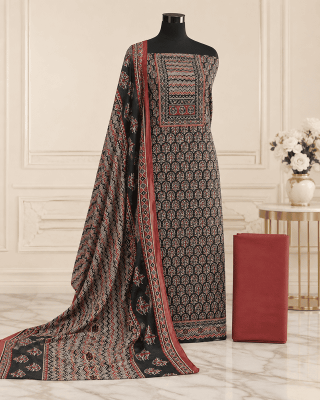 Dark blue traditional block print unstitched ladies suit set